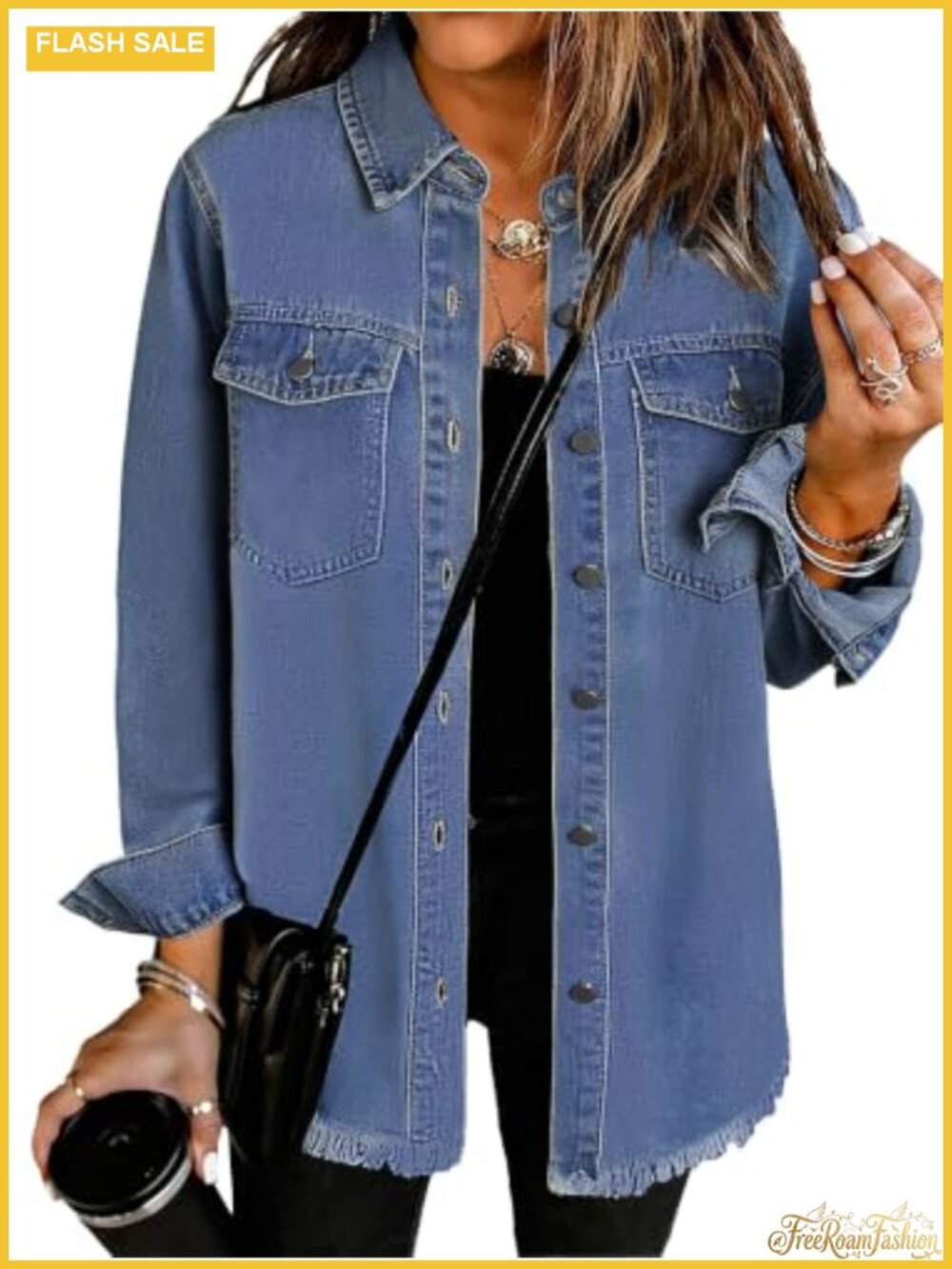 Oversized Distressed Denim Shacket Women Casual Button Down Cotton Blend Jacket